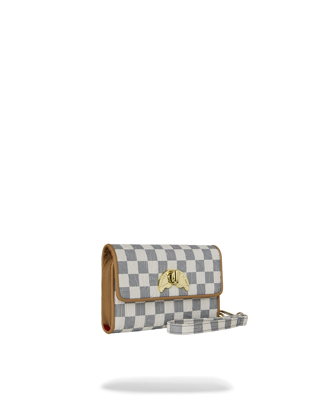 EMBOSSED CHECK CREAM TURNLOCK WALLET w/ WRISTLET STRAP