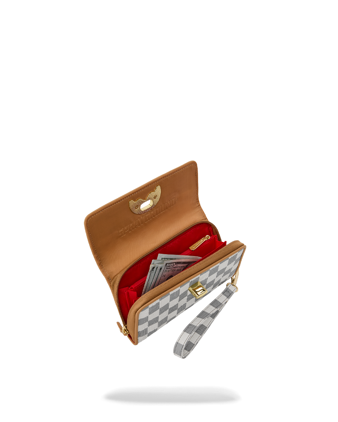 EMBOSSED CHECK CREAM TURNLOCK WALLET w/ WRISTLET STRAP